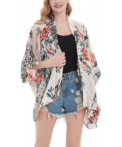 Women's Loose Print Sheer Chiffon Kimono Beach Swim Cover up Cardigan Capes Blouse Tops W-leopard Flower $11.79 Swimsuits