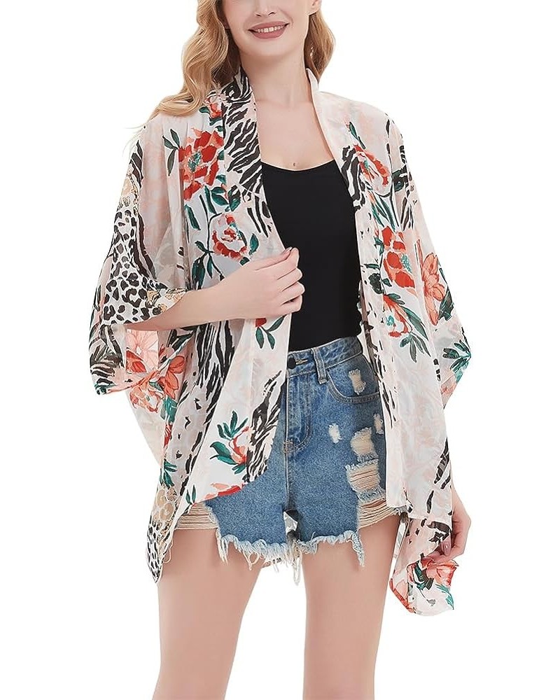 Women's Loose Print Sheer Chiffon Kimono Beach Swim Cover up Cardigan Capes Blouse Tops W-leopard Flower $11.79 Swimsuits