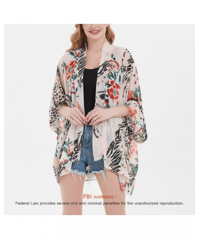 Women's Loose Print Sheer Chiffon Kimono Beach Swim Cover up Cardigan Capes Blouse Tops W-leopard Flower $11.79 Swimsuits