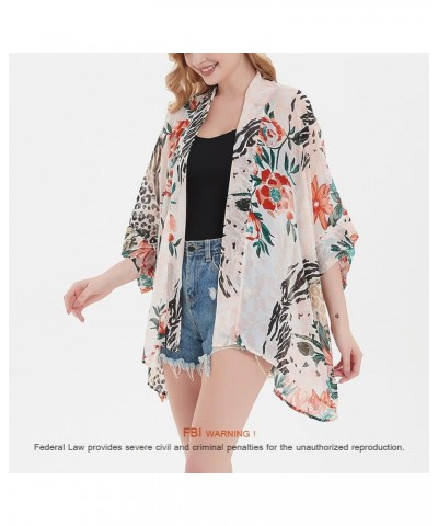 Women's Loose Print Sheer Chiffon Kimono Beach Swim Cover up Cardigan Capes Blouse Tops W-leopard Flower $11.79 Swimsuits