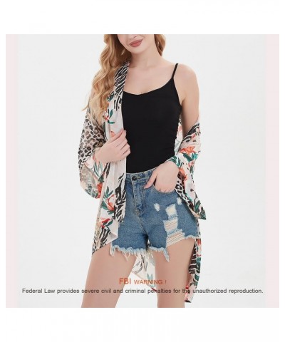 Women's Loose Print Sheer Chiffon Kimono Beach Swim Cover up Cardigan Capes Blouse Tops W-leopard Flower $11.79 Swimsuits