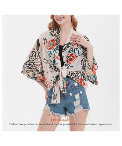 Women's Loose Print Sheer Chiffon Kimono Beach Swim Cover up Cardigan Capes Blouse Tops W-leopard Flower $11.79 Swimsuits