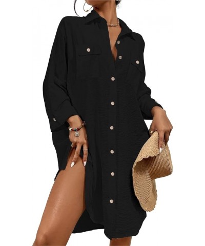 Womens Modern Swimsuit Cover Up Blouse Button Down Shirt Dresses Tops Black $14.40 Swimsuits