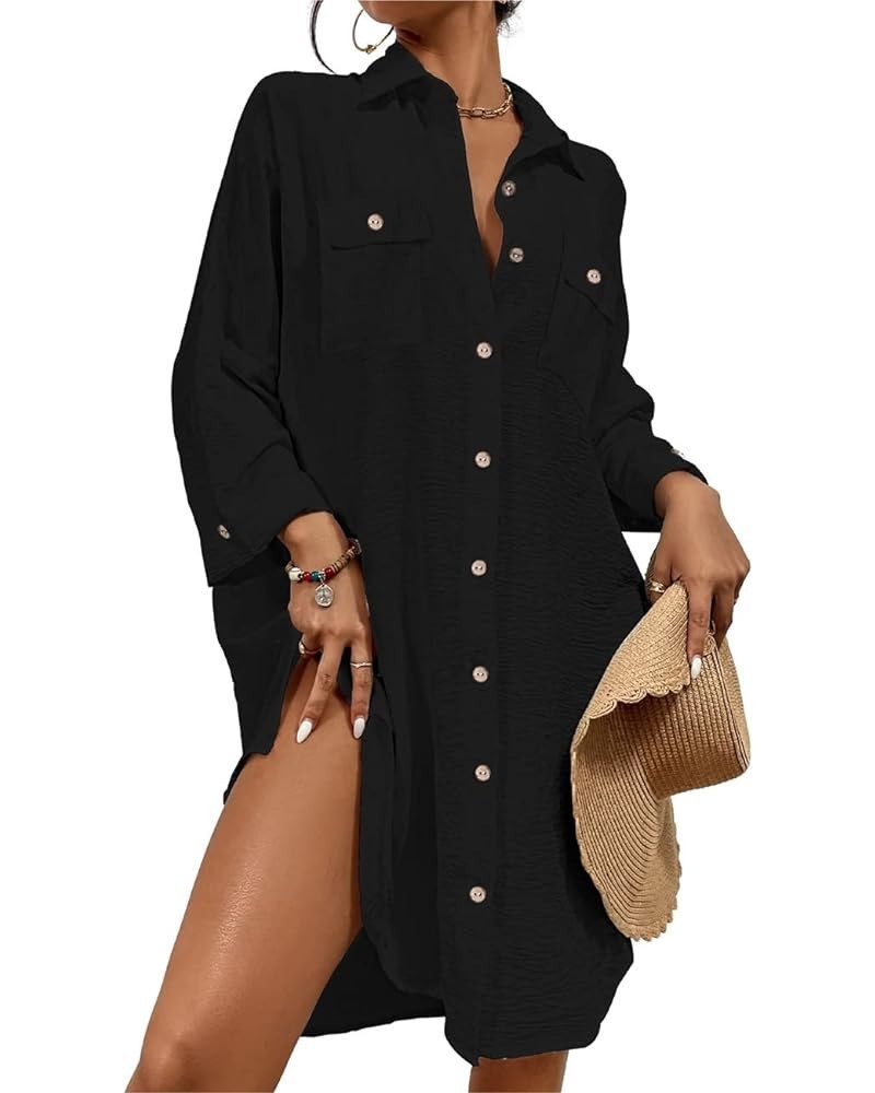 Womens Modern Swimsuit Cover Up Blouse Button Down Shirt Dresses Tops Black $14.40 Swimsuits