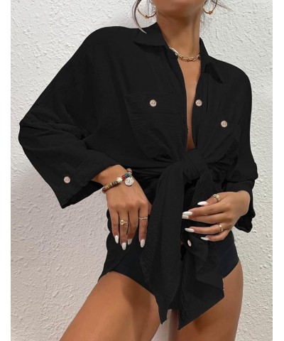 Womens Modern Swimsuit Cover Up Blouse Button Down Shirt Dresses Tops Black $14.40 Swimsuits