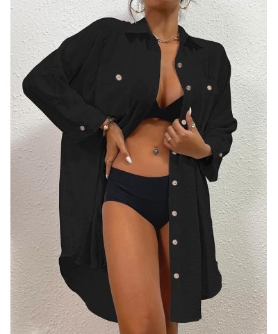 Womens Modern Swimsuit Cover Up Blouse Button Down Shirt Dresses Tops Black $14.40 Swimsuits