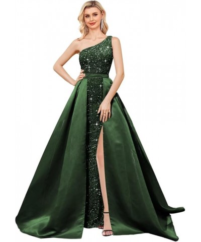 One Shoulder Sequin Prom Dress 2024 for Women with Detachable Train Long Satin Formal Dresses Sparkly Ball Gowns with Cape Em...