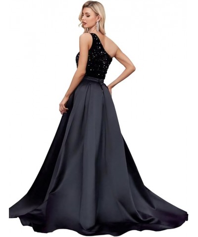 One Shoulder Sequin Prom Dress 2024 for Women with Detachable Train Long Satin Formal Dresses Sparkly Ball Gowns with Cape Em...