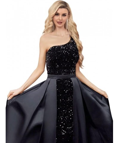 One Shoulder Sequin Prom Dress 2024 for Women with Detachable Train Long Satin Formal Dresses Sparkly Ball Gowns with Cape Em...