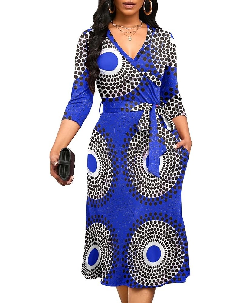 Women's Midi Dress,3/4 Sleeves V Neck Cocktail Party Dress Curvy Wrap Sexy Geometric Pattern Dresses with Belt A--blue Backgr...