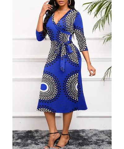 Women's Midi Dress,3/4 Sleeves V Neck Cocktail Party Dress Curvy Wrap Sexy Geometric Pattern Dresses with Belt A--blue Backgr...