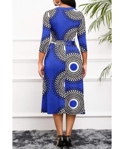 Women's Midi Dress,3/4 Sleeves V Neck Cocktail Party Dress Curvy Wrap Sexy Geometric Pattern Dresses with Belt A--blue Backgr...