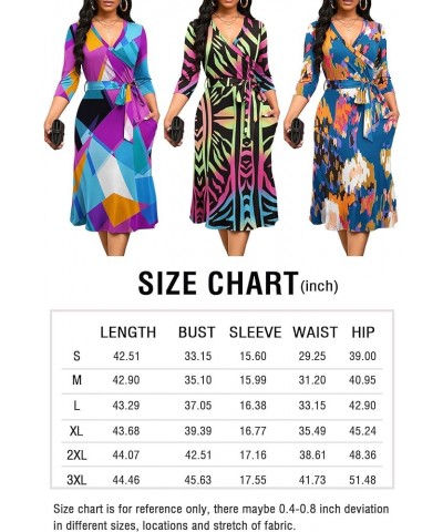 Women's Midi Dress,3/4 Sleeves V Neck Cocktail Party Dress Curvy Wrap Sexy Geometric Pattern Dresses with Belt A--blue Backgr...