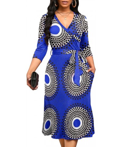 Women's Midi Dress,3/4 Sleeves V Neck Cocktail Party Dress Curvy Wrap Sexy Geometric Pattern Dresses with Belt A--blue Backgr...