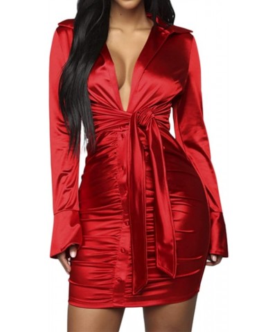 Women Sexy Long Sleeve Club Outfits Dress Tie Front V Neck Ruched Mini Dresses Red $17.12 Dresses