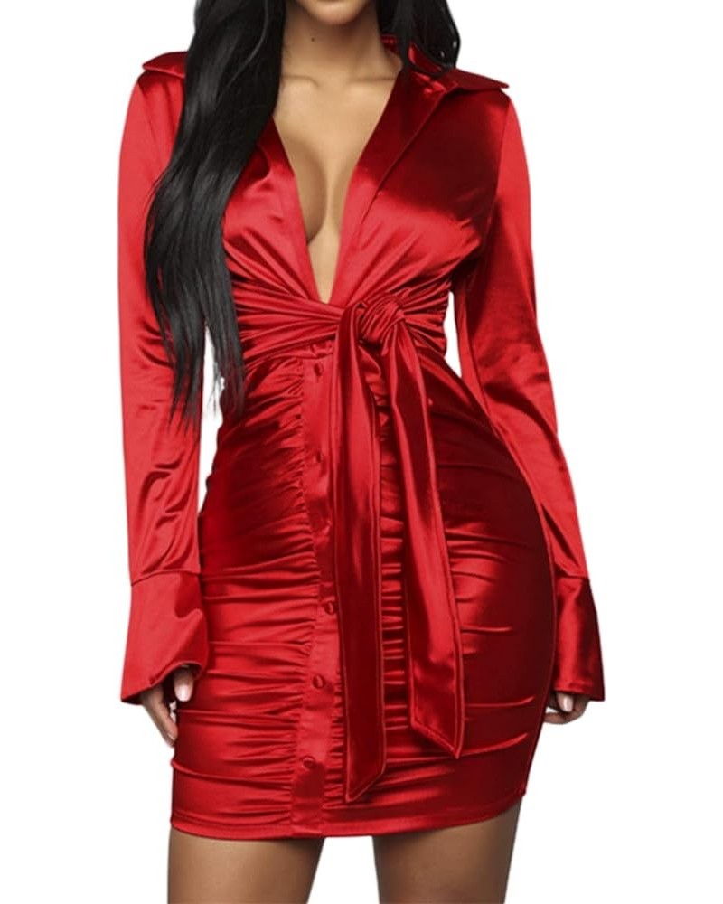 Women Sexy Long Sleeve Club Outfits Dress Tie Front V Neck Ruched Mini Dresses Red $17.12 Dresses