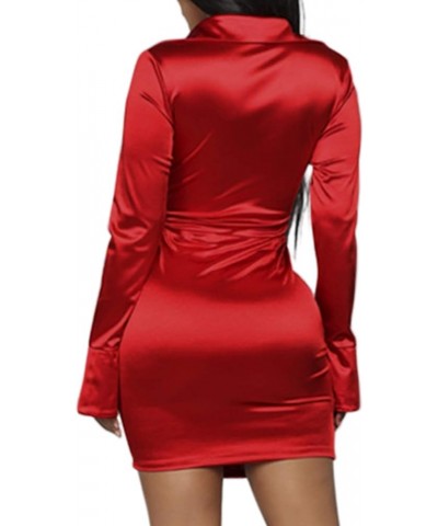 Women Sexy Long Sleeve Club Outfits Dress Tie Front V Neck Ruched Mini Dresses Red $17.12 Dresses