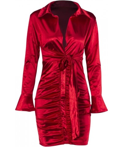 Women Sexy Long Sleeve Club Outfits Dress Tie Front V Neck Ruched Mini Dresses Red $17.12 Dresses