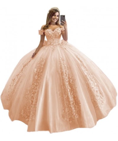 Women's Off Shoulder Quinceanera Dresses 3D Flower Puffy Ball Gown Lace Beaded Prom Dresses for Sweet 15 16 XY069 Peach $46.7...