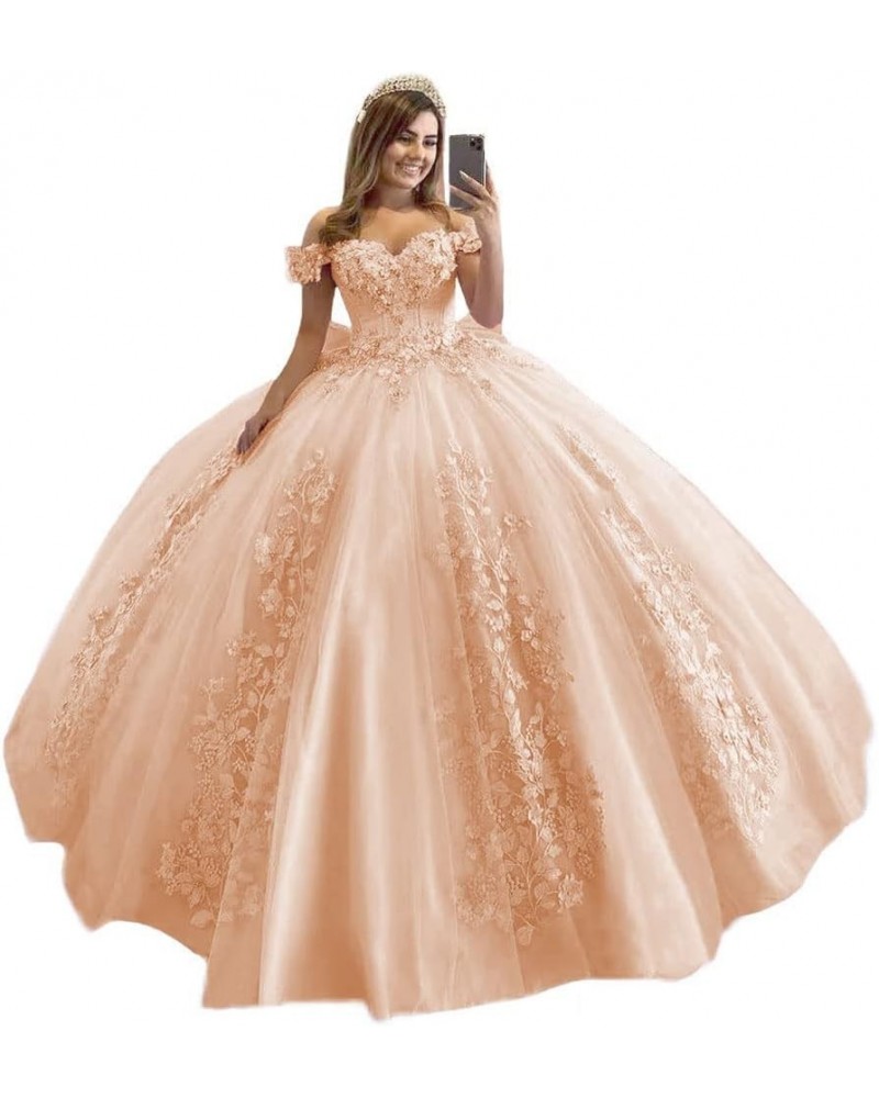 Women's Off Shoulder Quinceanera Dresses 3D Flower Puffy Ball Gown Lace Beaded Prom Dresses for Sweet 15 16 XY069 Peach $46.7...