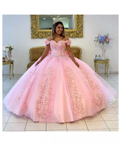 Women's Off Shoulder Quinceanera Dresses 3D Flower Puffy Ball Gown Lace Beaded Prom Dresses for Sweet 15 16 XY069 Peach $46.7...