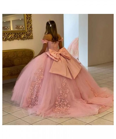 Women's Off Shoulder Quinceanera Dresses 3D Flower Puffy Ball Gown Lace Beaded Prom Dresses for Sweet 15 16 XY069 Peach $46.7...