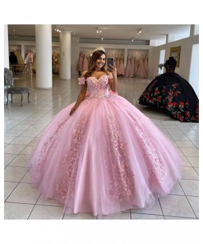 Women's Off Shoulder Quinceanera Dresses 3D Flower Puffy Ball Gown Lace Beaded Prom Dresses for Sweet 15 16 XY069 Peach $46.7...