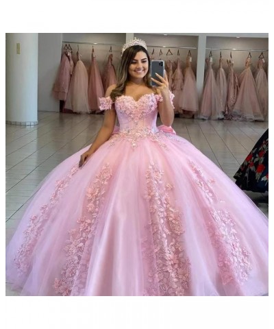 Women's Off Shoulder Quinceanera Dresses 3D Flower Puffy Ball Gown Lace Beaded Prom Dresses for Sweet 15 16 XY069 Peach $46.7...