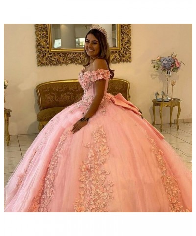 Women's Off Shoulder Quinceanera Dresses 3D Flower Puffy Ball Gown Lace Beaded Prom Dresses for Sweet 15 16 XY069 Peach $46.7...