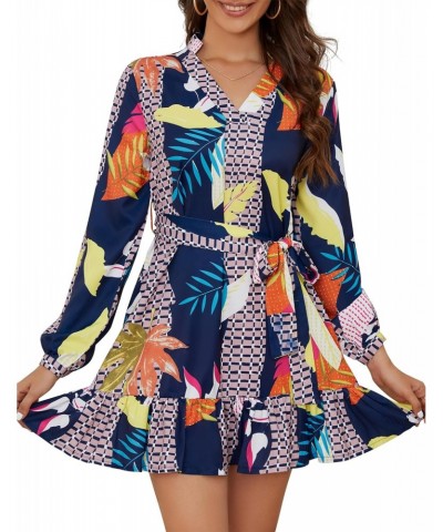 Women's 2023 Summer Fall Dress Casual Boho Abstract Print V Neck Long Sleeve Flowy Ruffled Mini Dress with Belt $7.79 Dresses