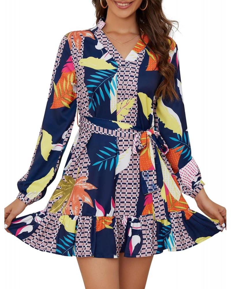 Women's 2023 Summer Fall Dress Casual Boho Abstract Print V Neck Long Sleeve Flowy Ruffled Mini Dress with Belt $7.79 Dresses