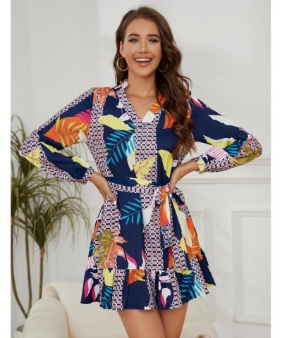 Women's 2023 Summer Fall Dress Casual Boho Abstract Print V Neck Long Sleeve Flowy Ruffled Mini Dress with Belt $7.79 Dresses