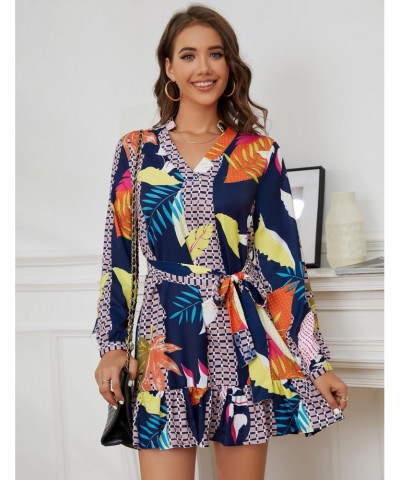 Women's 2023 Summer Fall Dress Casual Boho Abstract Print V Neck Long Sleeve Flowy Ruffled Mini Dress with Belt $7.79 Dresses