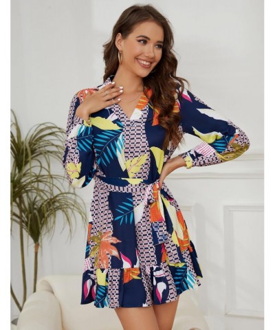 Women's 2023 Summer Fall Dress Casual Boho Abstract Print V Neck Long Sleeve Flowy Ruffled Mini Dress with Belt $7.79 Dresses