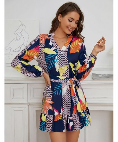 Women's 2023 Summer Fall Dress Casual Boho Abstract Print V Neck Long Sleeve Flowy Ruffled Mini Dress with Belt $7.79 Dresses