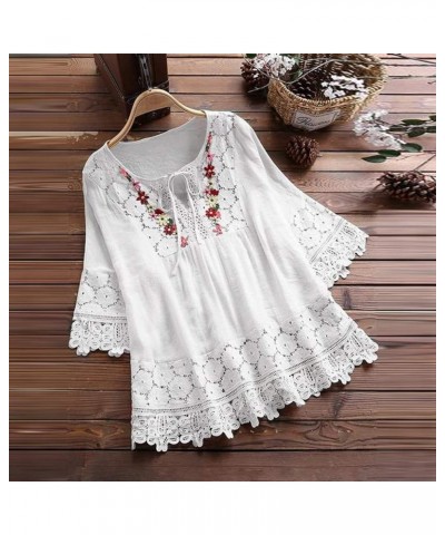 Women's Cotton Linen Tunic Tops Lace Trim Jacquard 3/4 Sleeve Blouse Shirt Flowy Blouse Bohemian Style Clothes 2023 White 5 $...