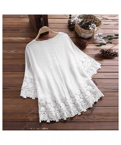 Women's Cotton Linen Tunic Tops Lace Trim Jacquard 3/4 Sleeve Blouse Shirt Flowy Blouse Bohemian Style Clothes 2023 White 5 $...