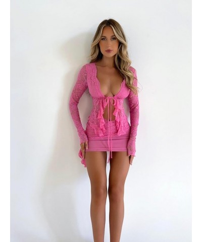 Women Lace Mesh Skirt Set Long Sleeve Tie-up Sheer Crop Top Low Waist Mini Bodycon Skirt Y2K Clubwear 2 Pcs Outfit G_ Pink $9...