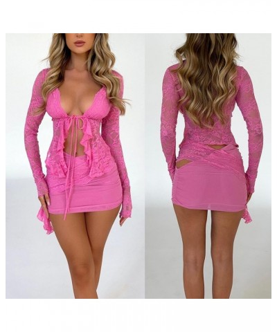 Women Lace Mesh Skirt Set Long Sleeve Tie-up Sheer Crop Top Low Waist Mini Bodycon Skirt Y2K Clubwear 2 Pcs Outfit G_ Pink $9...