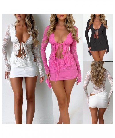 Women Lace Mesh Skirt Set Long Sleeve Tie-up Sheer Crop Top Low Waist Mini Bodycon Skirt Y2K Clubwear 2 Pcs Outfit G_ Pink $9...