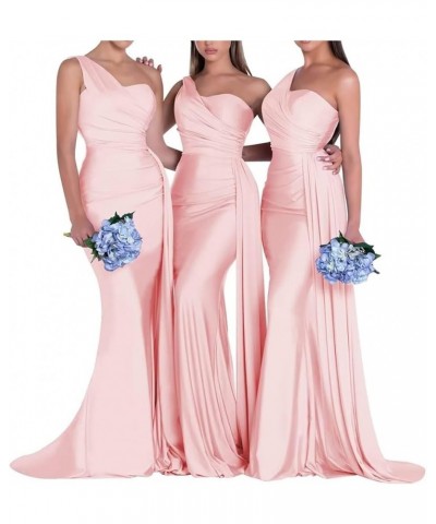 One Shoulder Bridesmaid Dresses Satin Mermaid Long Formal Dresses Pleated Prom Dress for Wedding Women Pink $43.34 Dresses