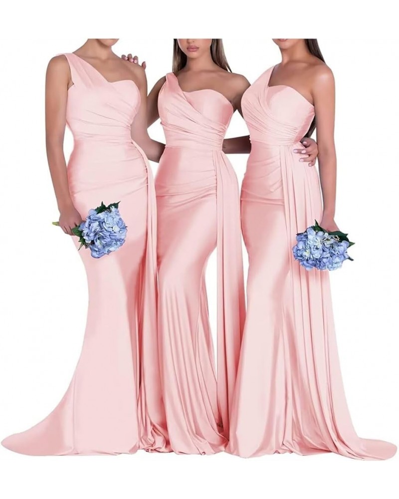 One Shoulder Bridesmaid Dresses Satin Mermaid Long Formal Dresses Pleated Prom Dress for Wedding Women Pink $43.34 Dresses