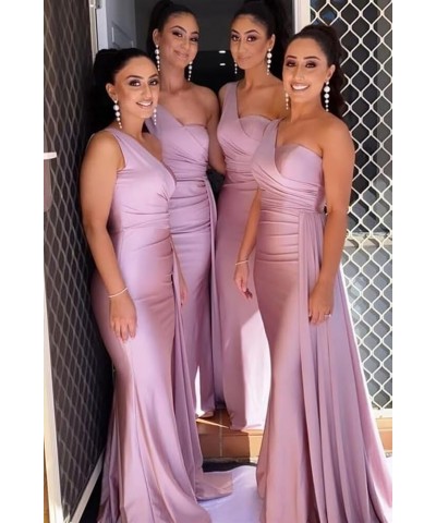 One Shoulder Bridesmaid Dresses Satin Mermaid Long Formal Dresses Pleated Prom Dress for Wedding Women Pink $43.34 Dresses