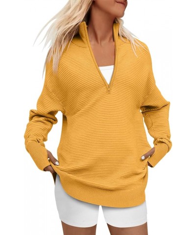 Women's 2023 Trendy Long Sleeve Half Zip V Neck Collared Casual Oversized Ribbed Knit Pullover Sweater Thumb Hole Yellow $26....