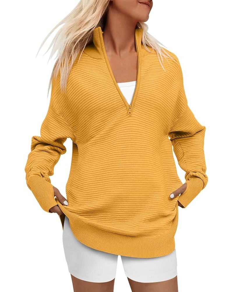 Women's 2023 Trendy Long Sleeve Half Zip V Neck Collared Casual Oversized Ribbed Knit Pullover Sweater Thumb Hole Yellow $26....