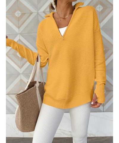 Women's 2023 Trendy Long Sleeve Half Zip V Neck Collared Casual Oversized Ribbed Knit Pullover Sweater Thumb Hole Yellow $26....