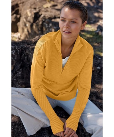 Women's 2023 Trendy Long Sleeve Half Zip V Neck Collared Casual Oversized Ribbed Knit Pullover Sweater Thumb Hole Yellow $26....