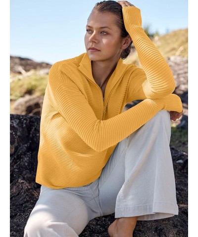 Women's 2023 Trendy Long Sleeve Half Zip V Neck Collared Casual Oversized Ribbed Knit Pullover Sweater Thumb Hole Yellow $26....