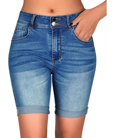 Women's Mid Rise Skinny Butt Lifting Stretchy Bermuda Jeans Shorts Blue $19.24 Shorts