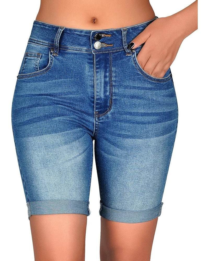 Women's Mid Rise Skinny Butt Lifting Stretchy Bermuda Jeans Shorts Blue $19.24 Shorts